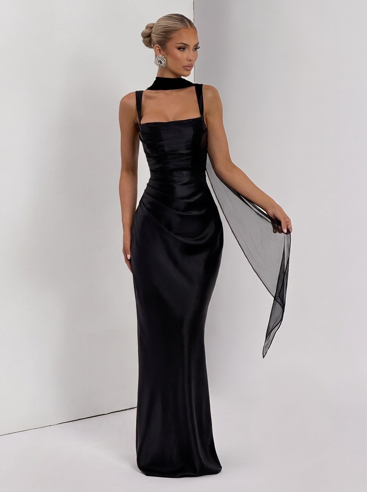 Livia Square Neck Corset Satin Maxi Dress — Svelte Chic
