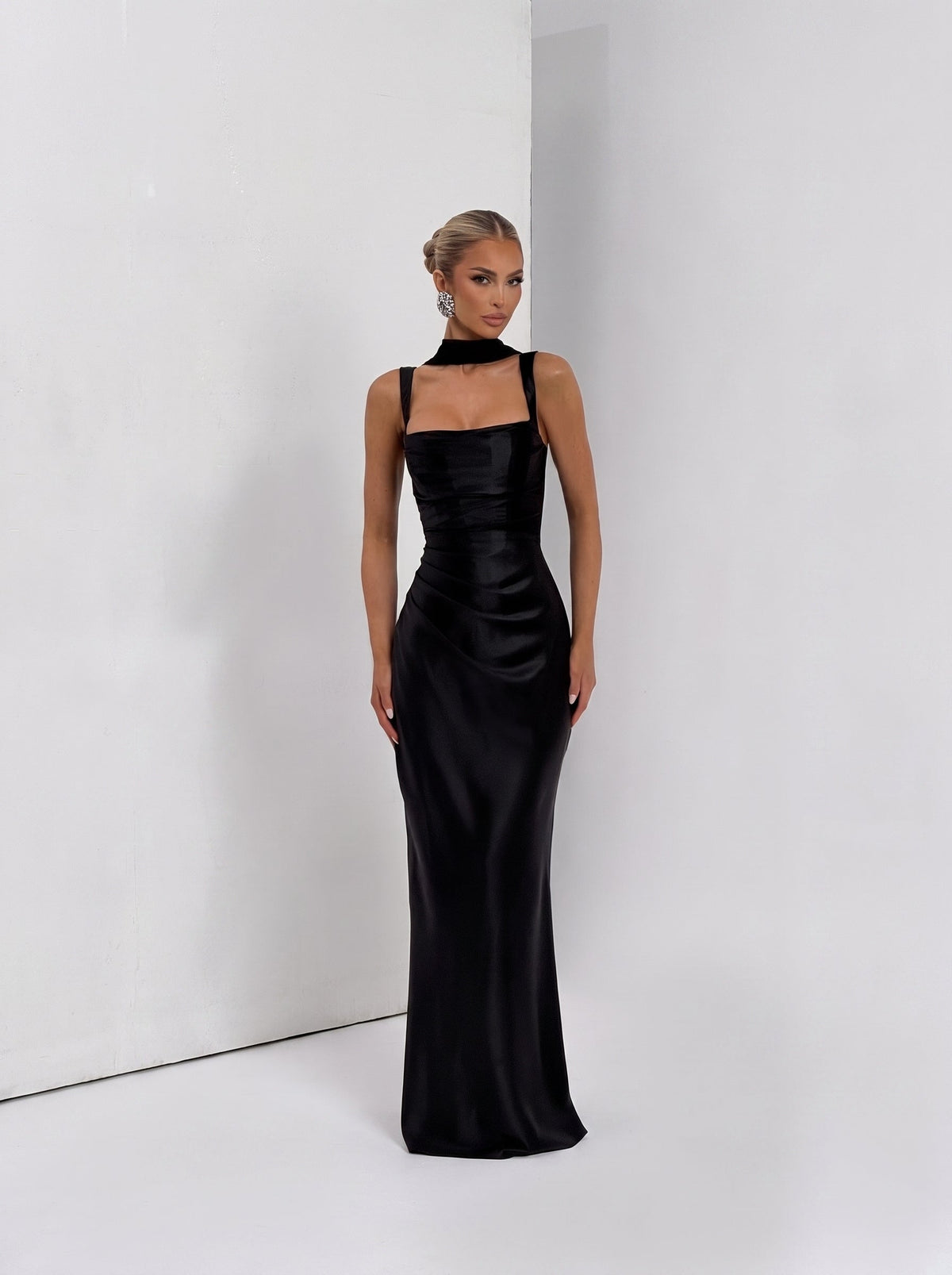 Livia Square Neck Corset Satin Maxi Dress — Svelte Chic