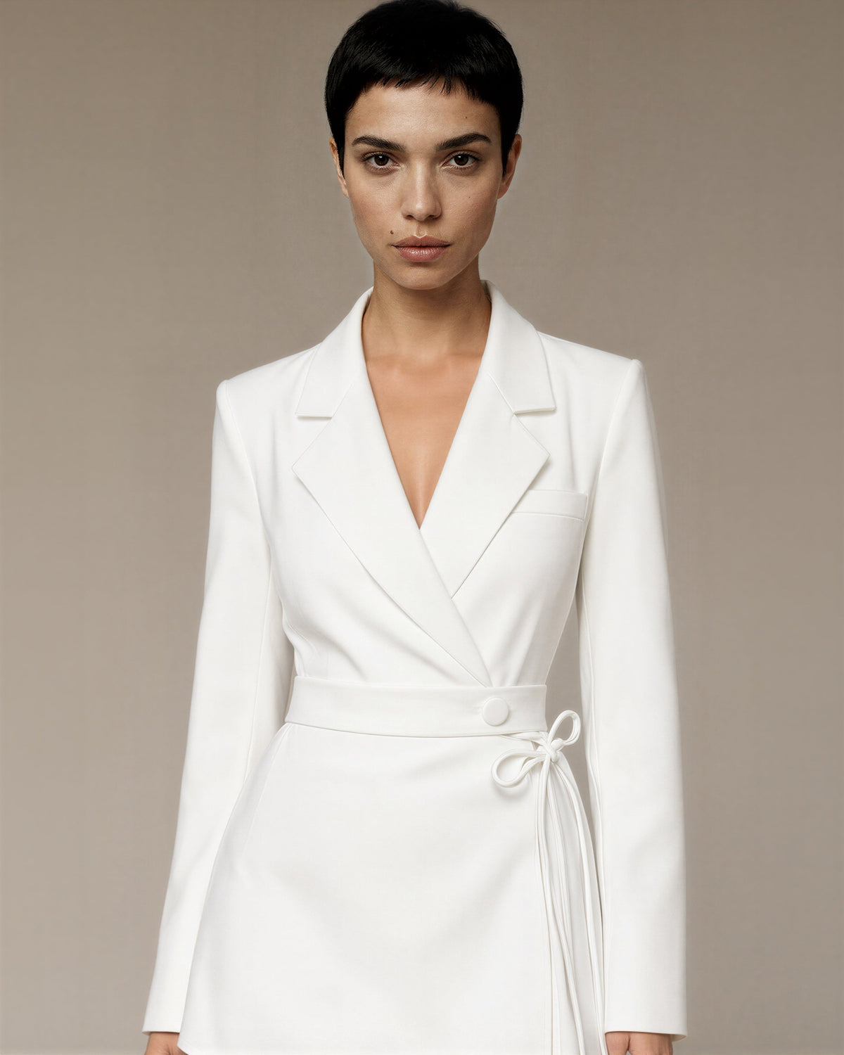 Calla Double Breasted Side Tie Blazer Mini Dress, white, close up above the waist