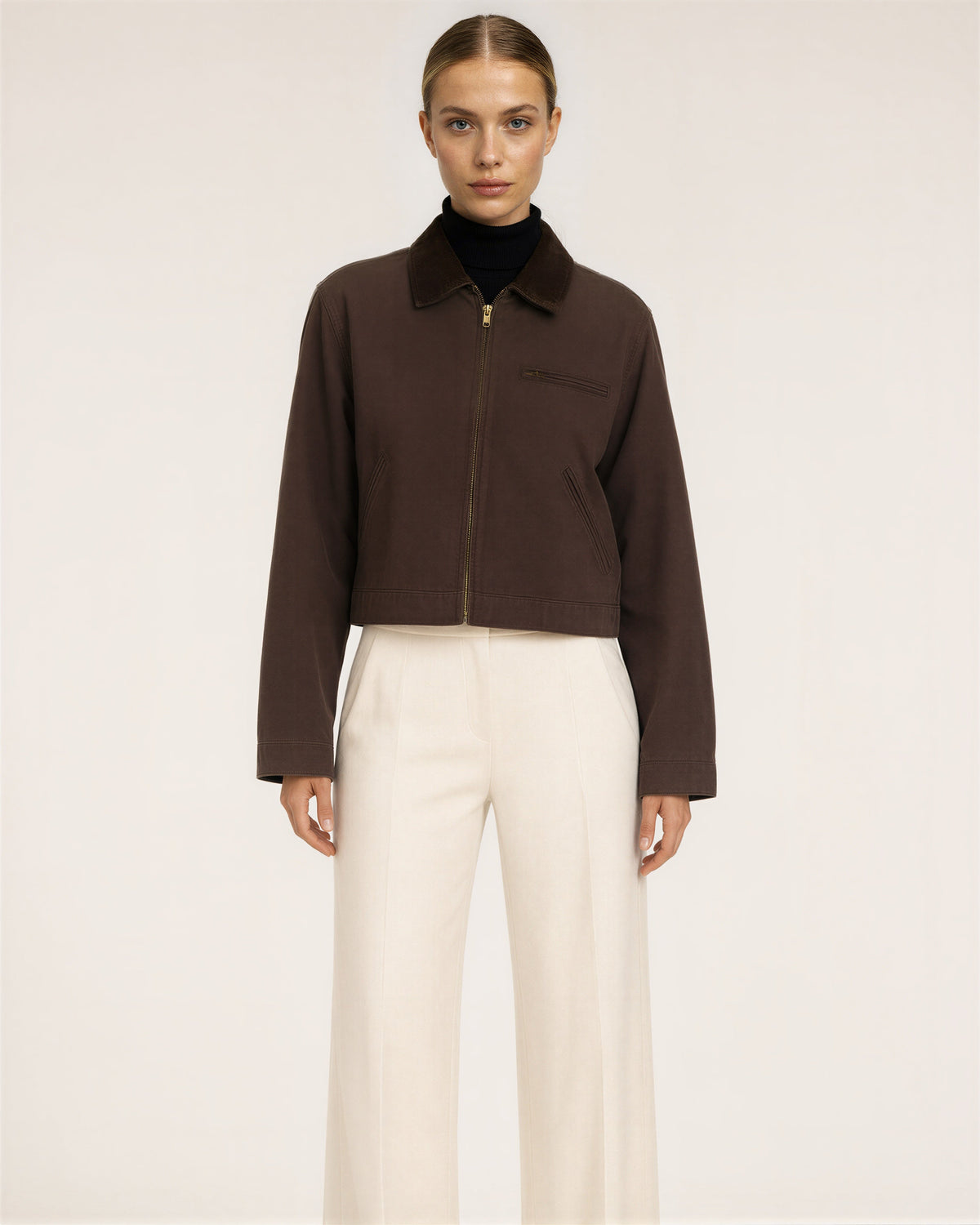 Carla Zip Front Cropped Canvas Work Jacket, brown, front view
