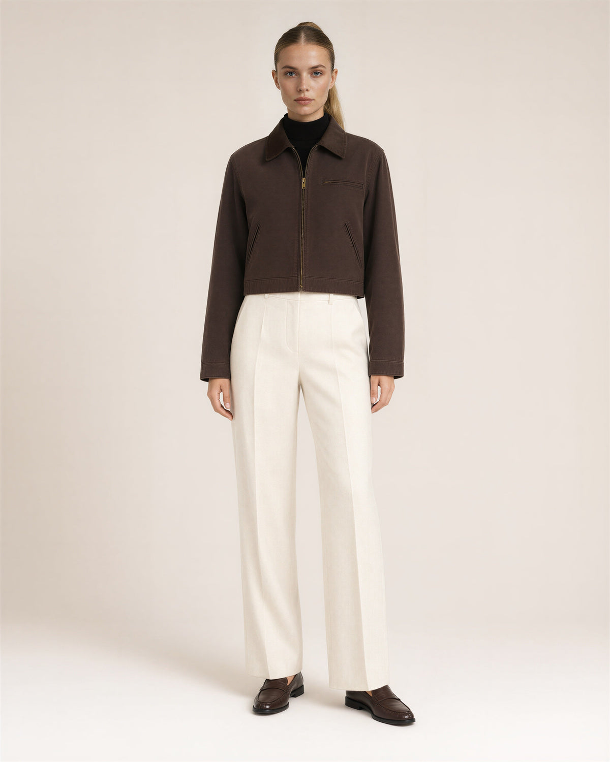 Carla Zip Front Cropped Canvas Work Jacket, brown, full length front view