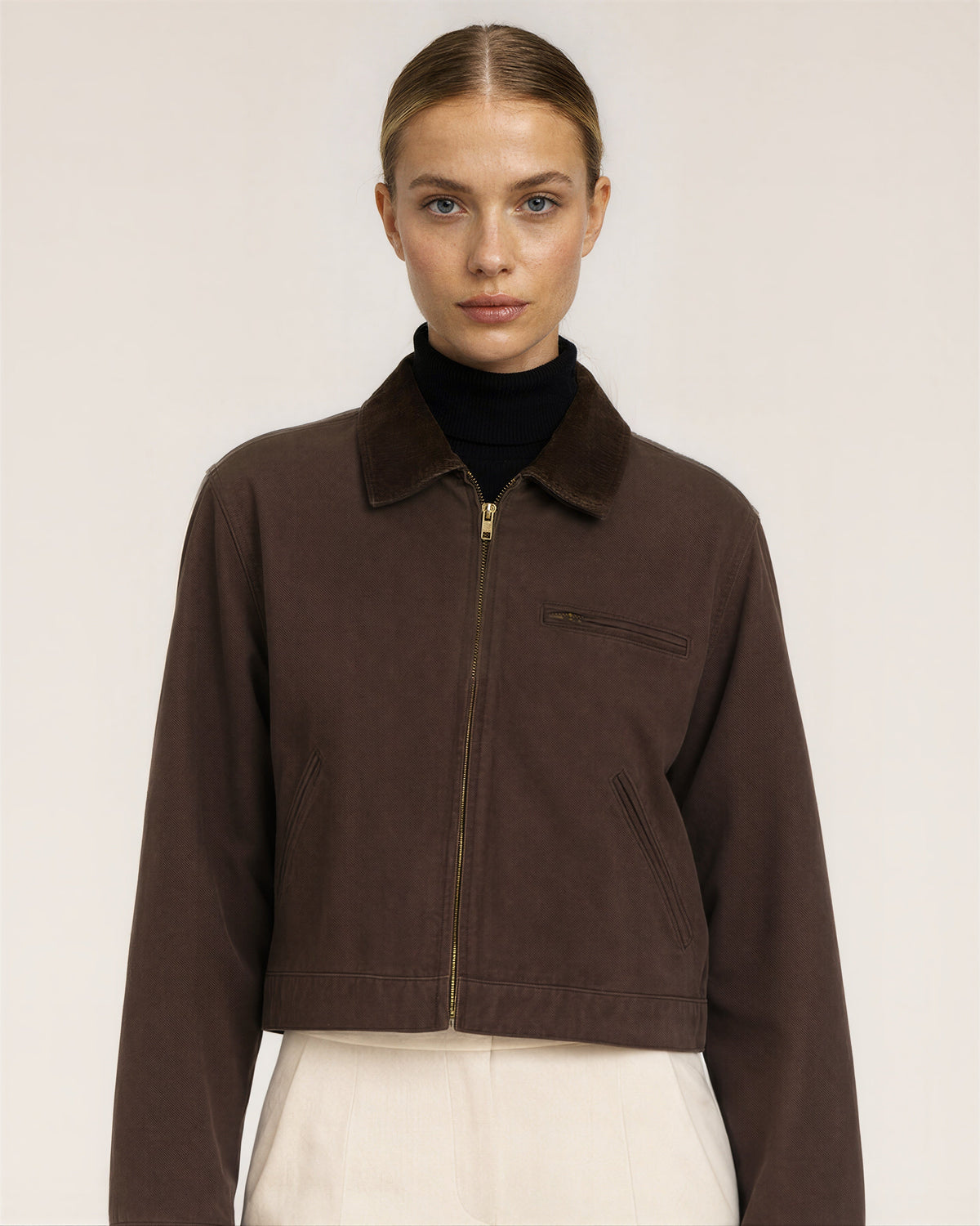 Carla Zip Front Cropped Canvas Work Jacket, brown, close up above the waist
