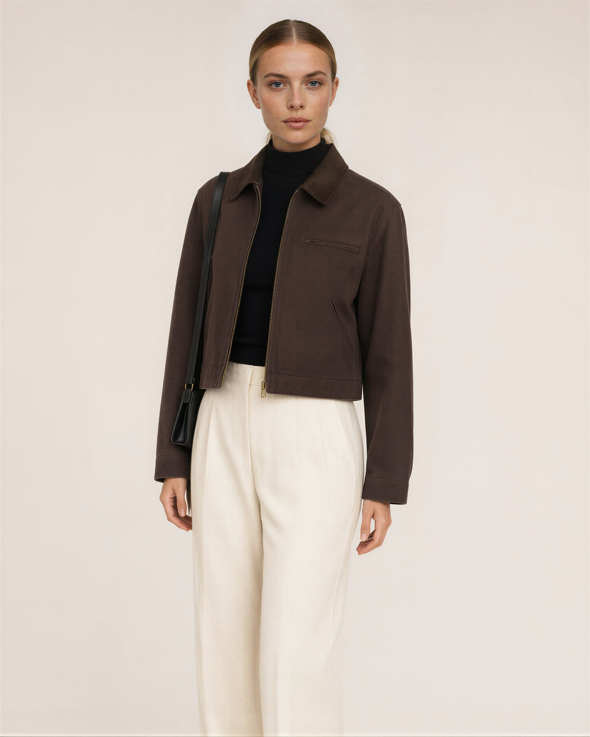 Carla Zip Front Cropped Canvas Work Jacket, brown, three quarter view
