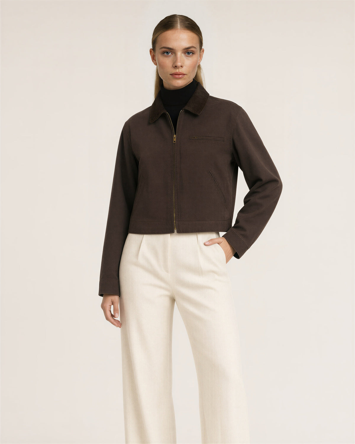 Carla Zip Front Cropped Canvas Work Jacket, brown, front, hands on the waist