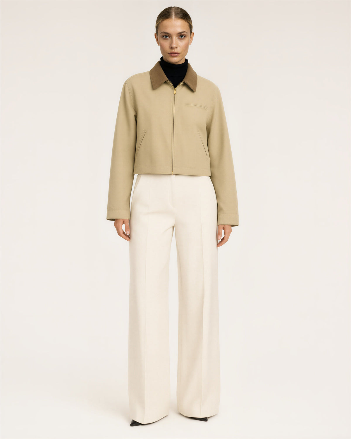 Carla Zip Front Cropped Canvas Work Jacket, sand beige color option