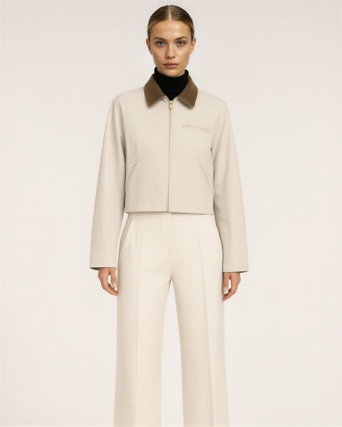 Carla Zip Front Cropped Canvas Work Jacket, light stone grey color option