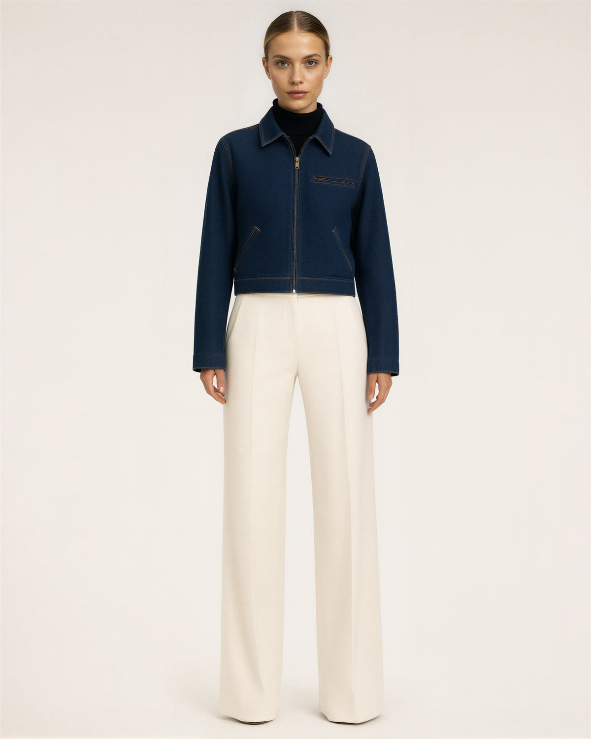 Carla Zip Front Cropped Canvas Work Jacket, dark denim blue color option