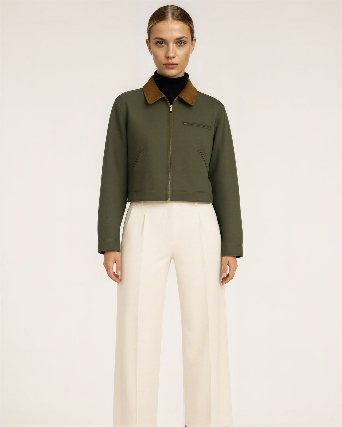 Carla Zip Front Cropped Canvas Work Jacket, khaki green color option