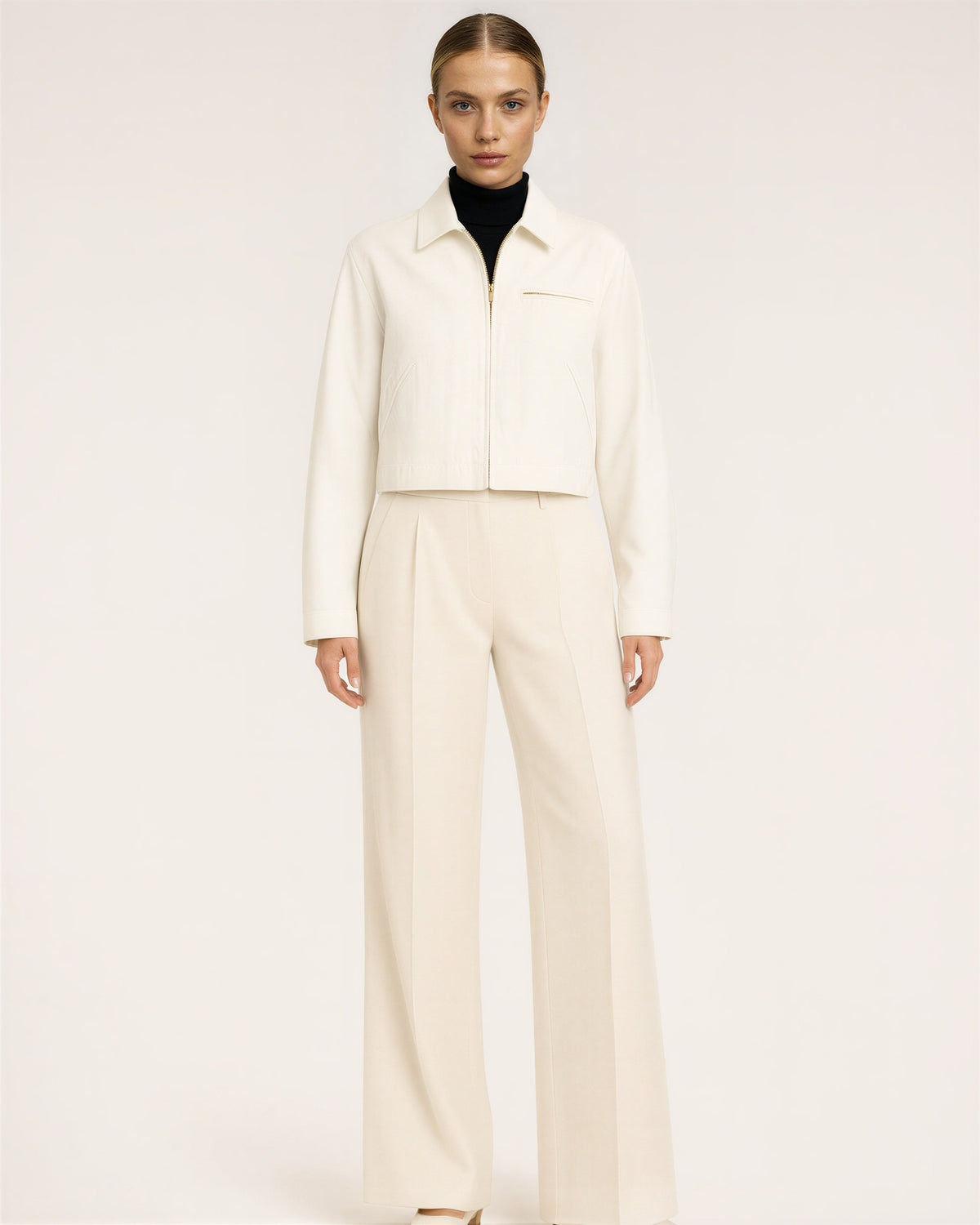 Carla Zip Front Cropped Canvas Work Jacket, off white color option