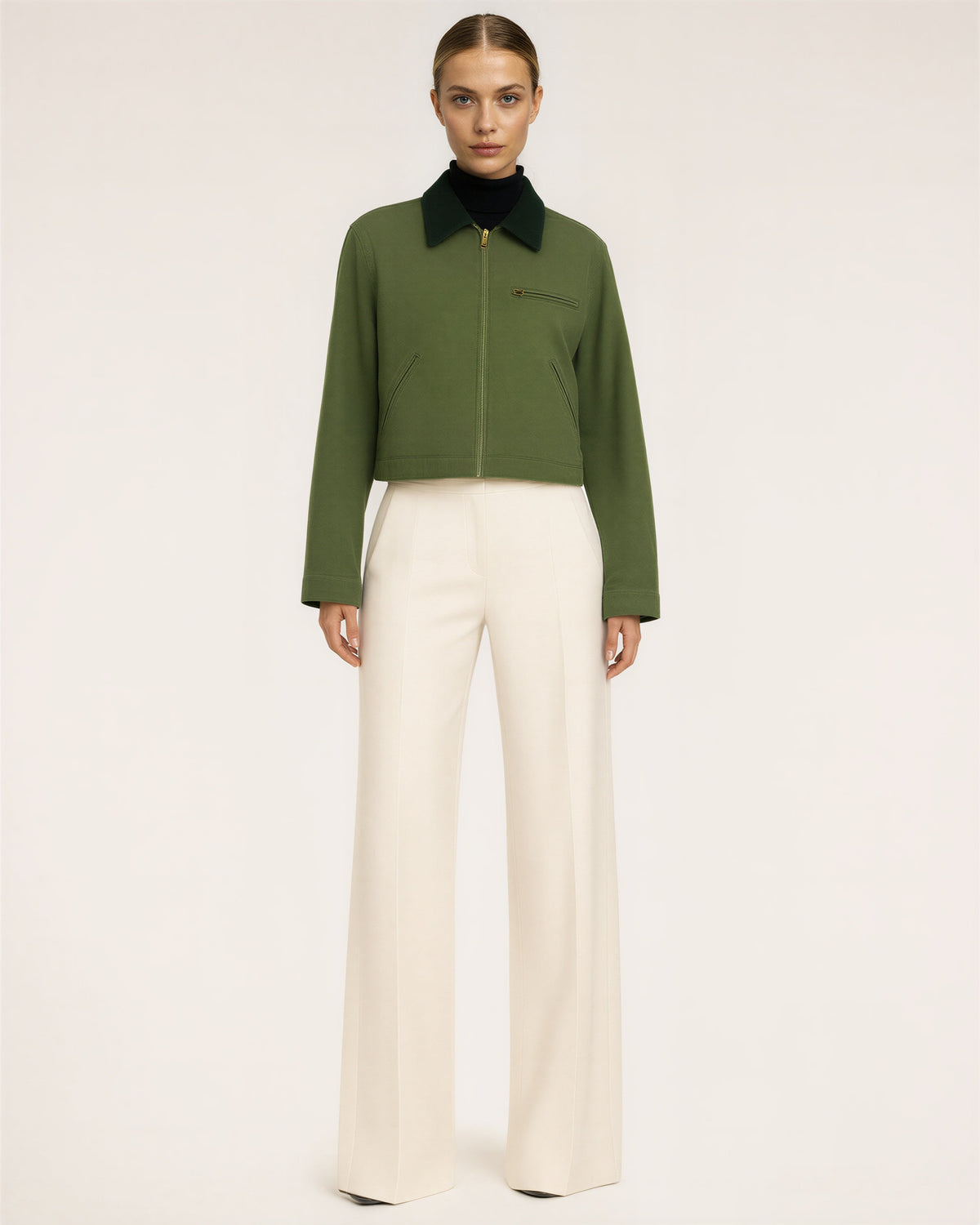 Carla Zip Front Cropped Canvas Work Jacket, moss green color option