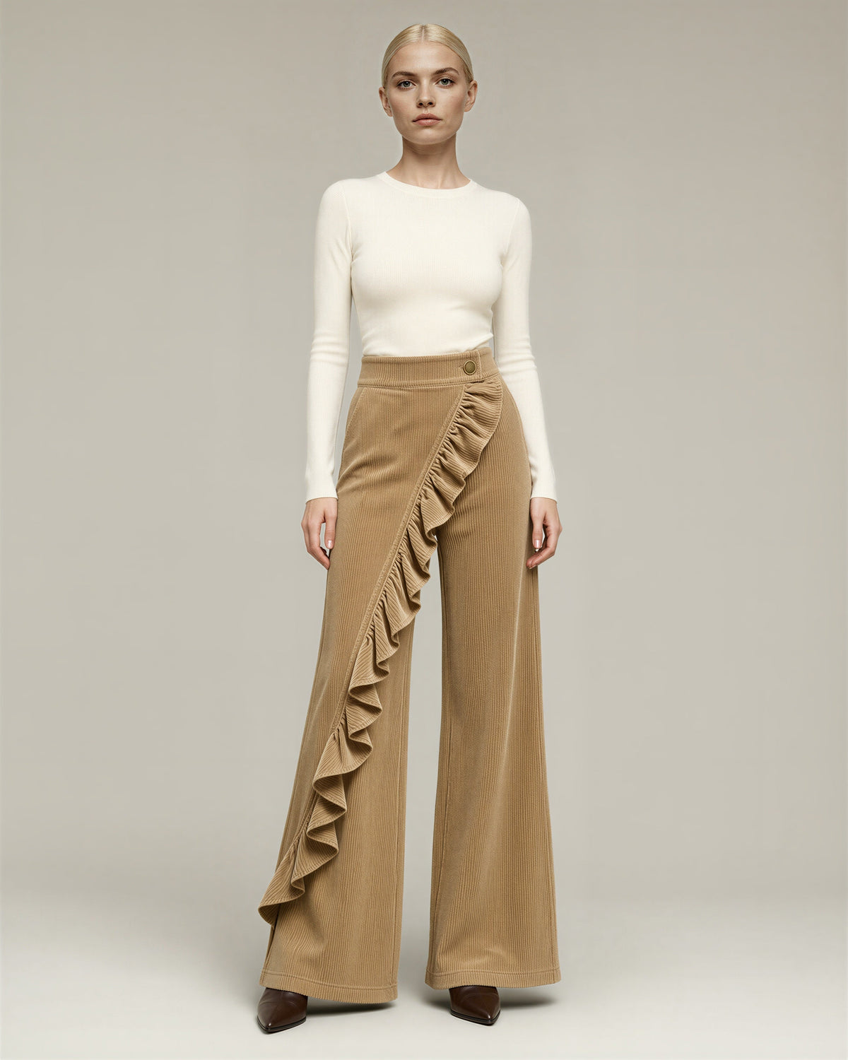 Carlotta Ruffled Wide Leg Corduroy Trousers, camel, full length front view