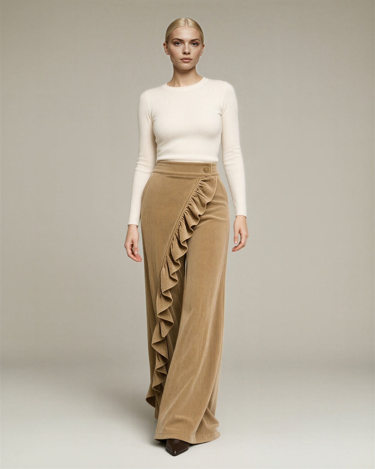 Carlotta Ruffled Wide Leg Corduroy Trousers, camel, full length walking view