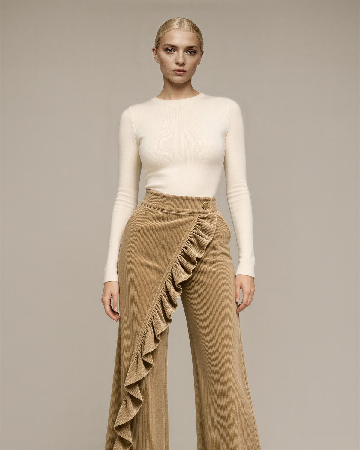 Carlotta Ruffled Wide Leg Corduroy Trousers, camel, front view