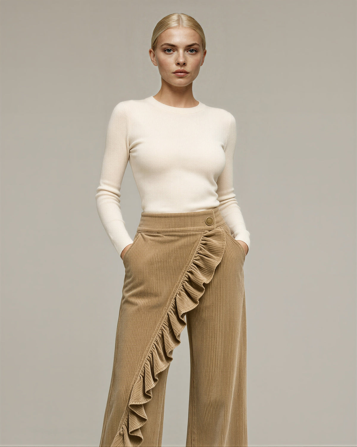 Carlotta Ruffled Wide Leg Corduroy Trousers, camel, front, hands in pockets