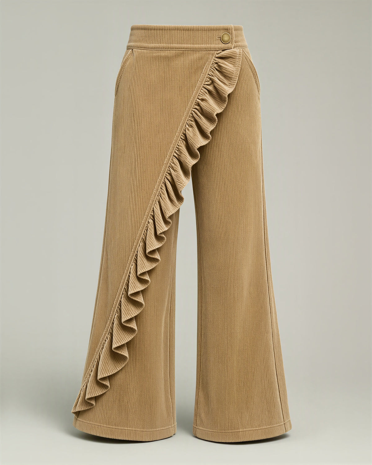 Carlotta Ruffled Wide Leg Corduroy Trousers, camel, product view without a model