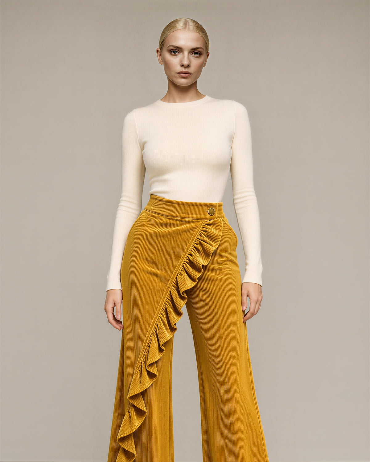 Carlotta Ruffled Wide Leg Corduroy Trousers, mustard color option
