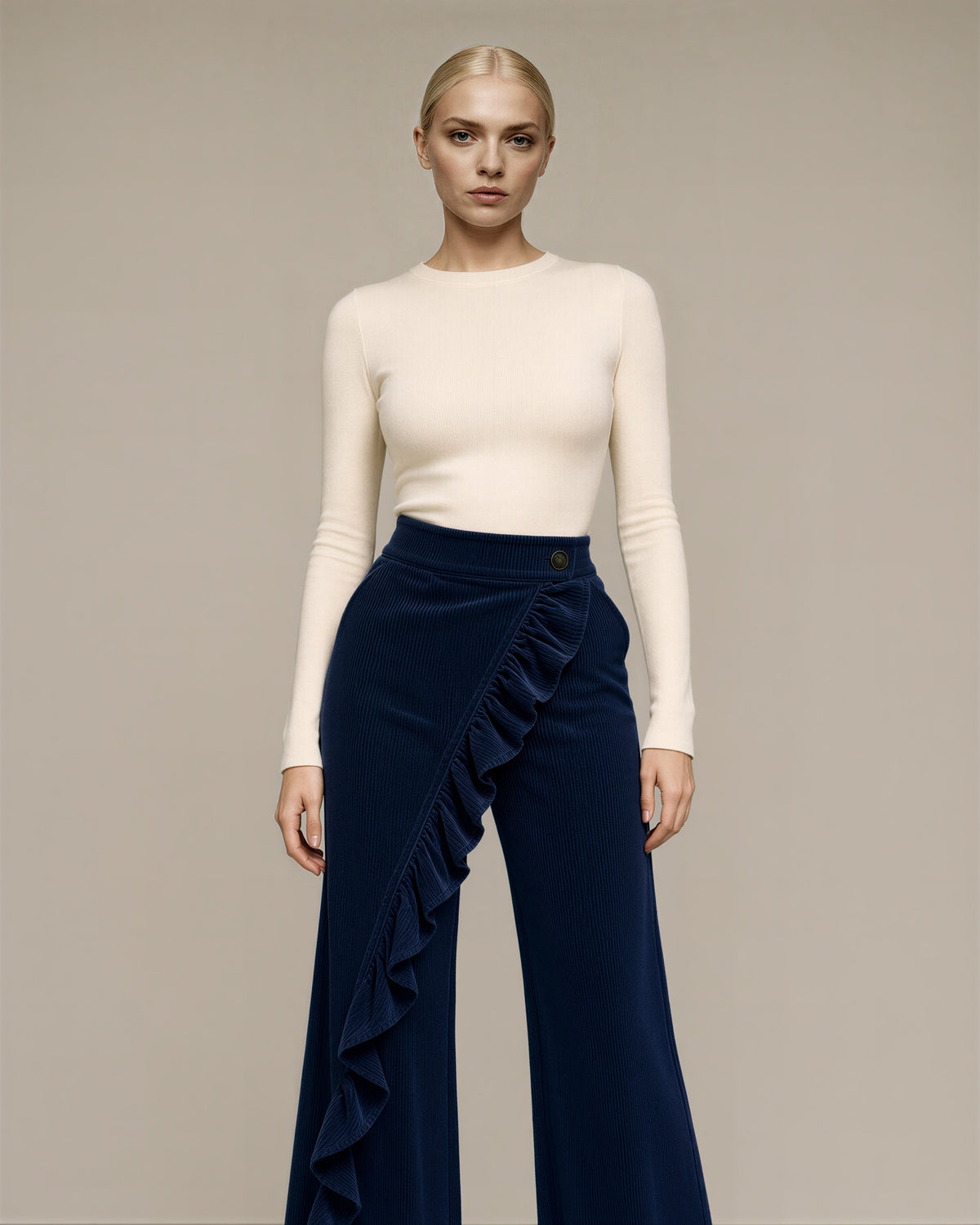 Carlotta Ruffled Wide Leg Corduroy Trousers, navy color option