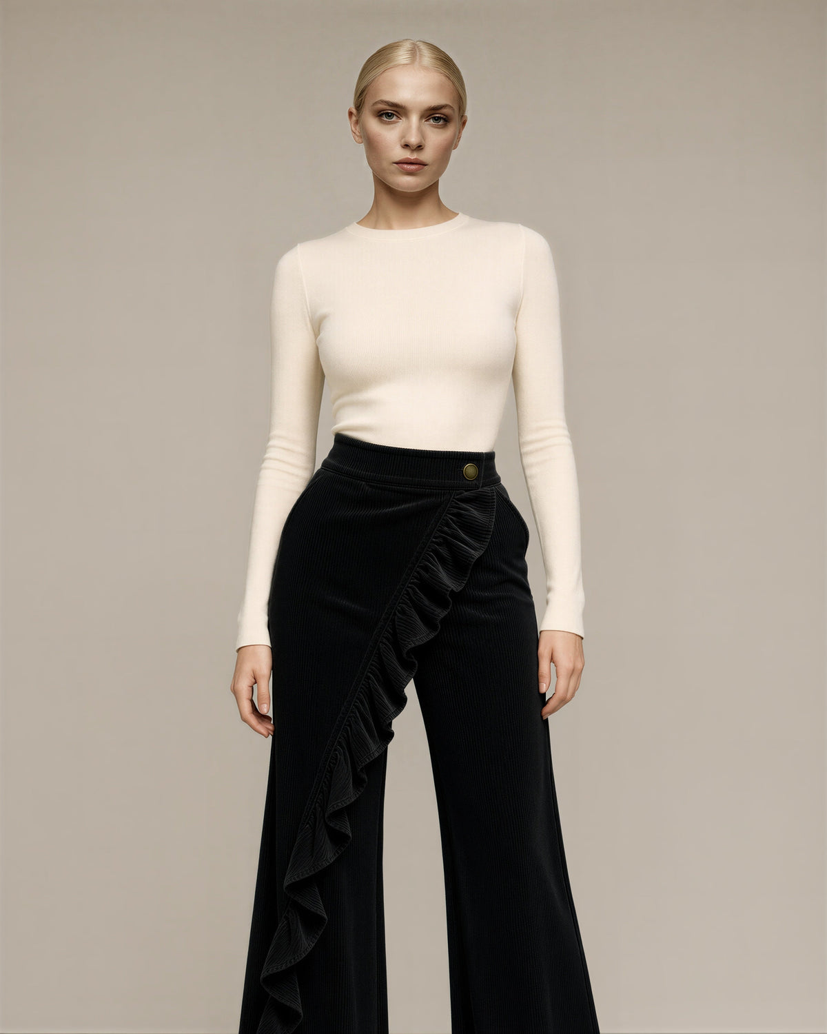 Carlotta Ruffled Wide Leg Corduroy Trousers, black color option