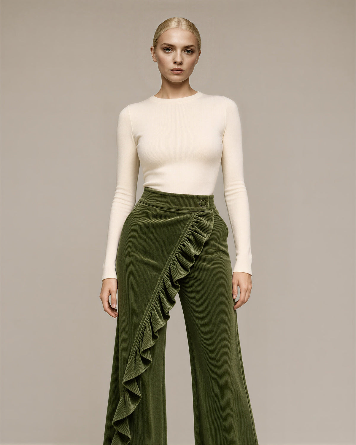 Carlotta Ruffled Wide Leg Corduroy Trousers, olive green color option