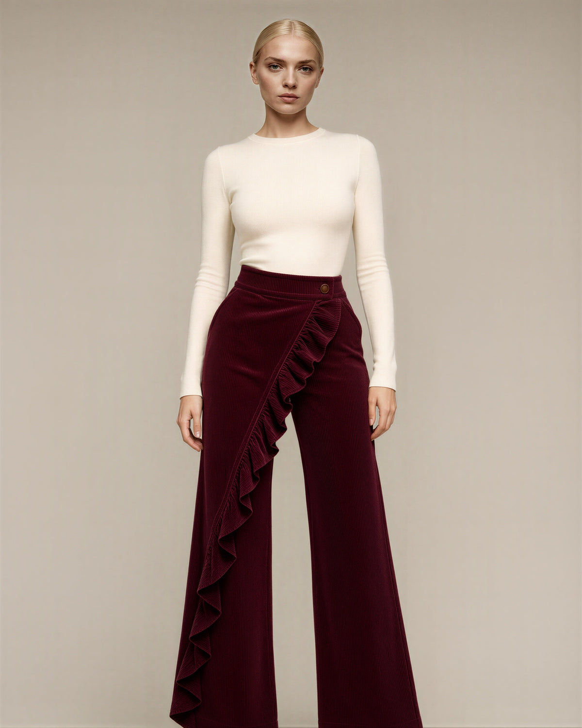 Carlotta Ruffled Wide Leg Corduroy Trousers, burgundy color option