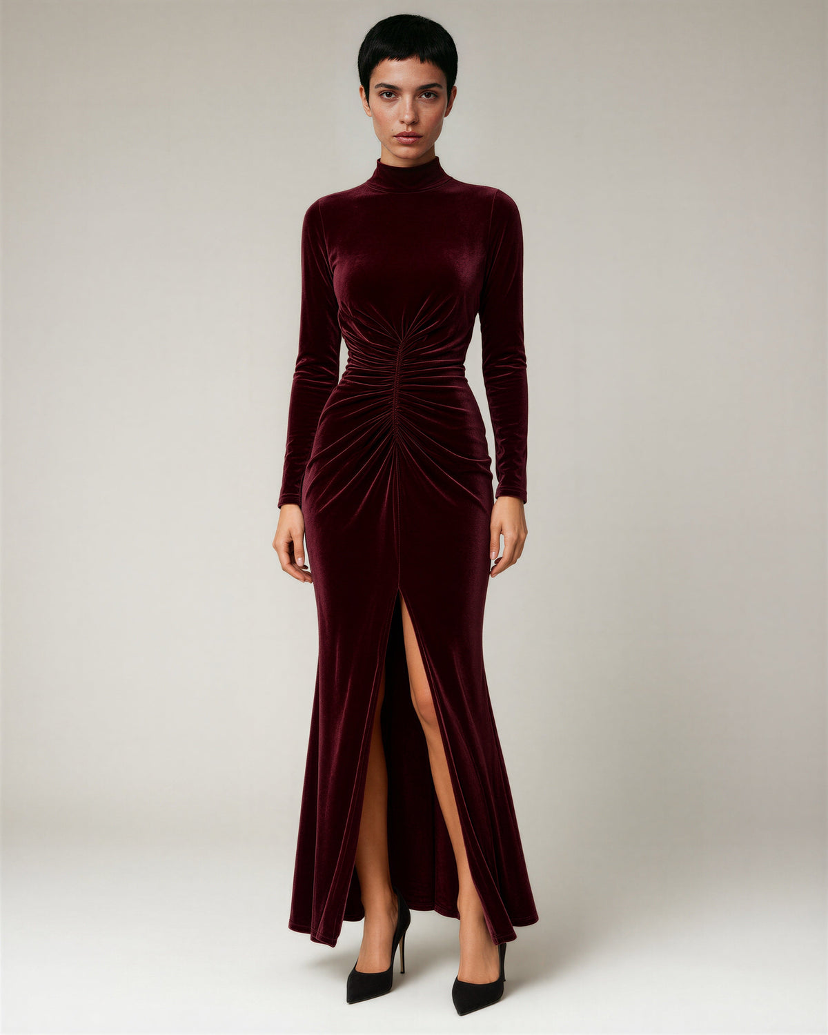 Carmela Ruched Slit Velvet Maxi Dress, burgundy, full length front view