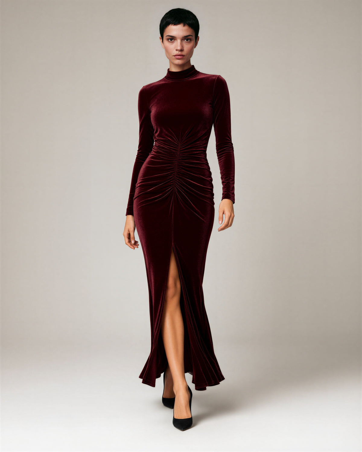 Carmela Ruched Slit Velvet Maxi Dress, burgundy, full length walking view
