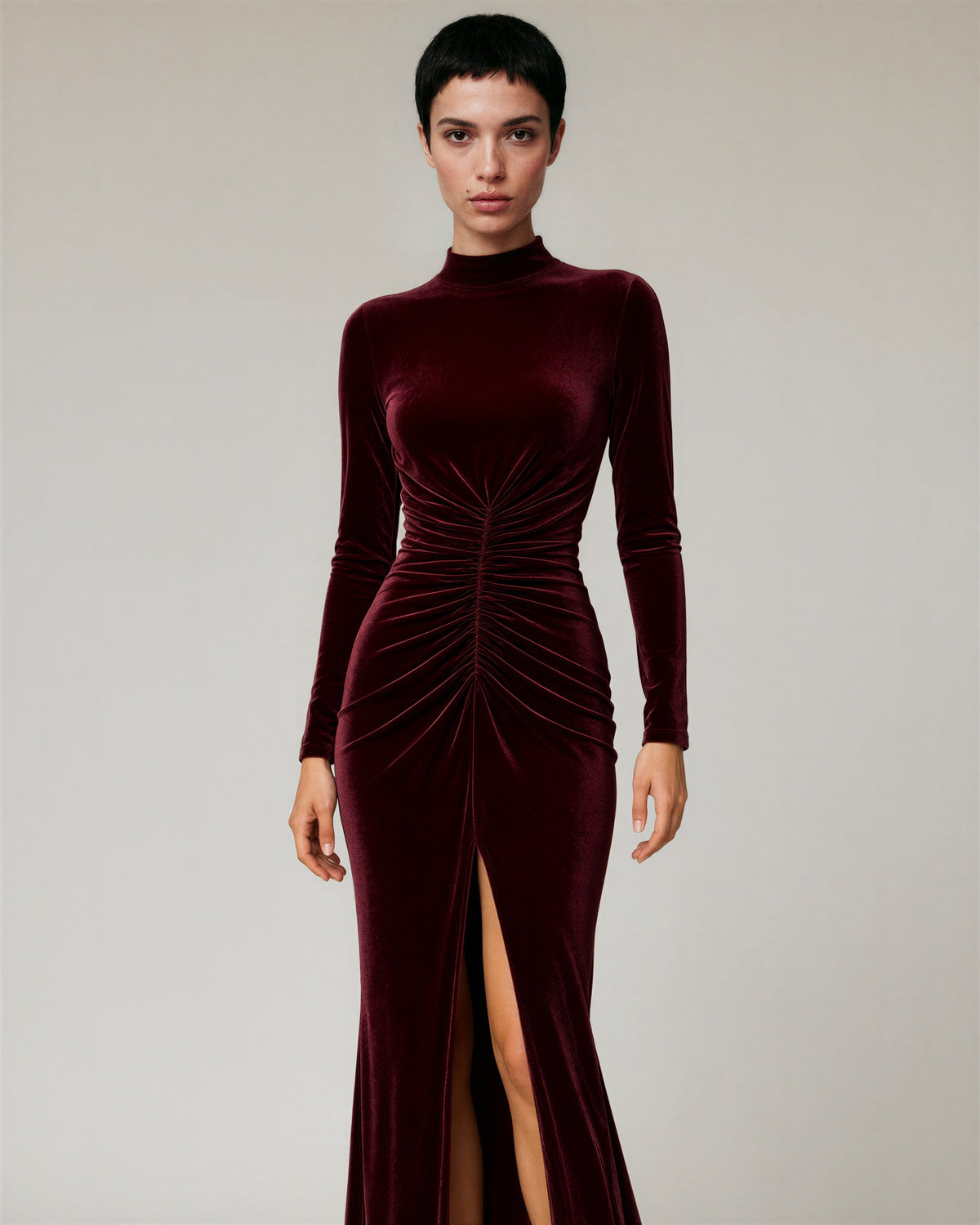 Carmela Ruched Slit Velvet Maxi Dress, burgundy, front view