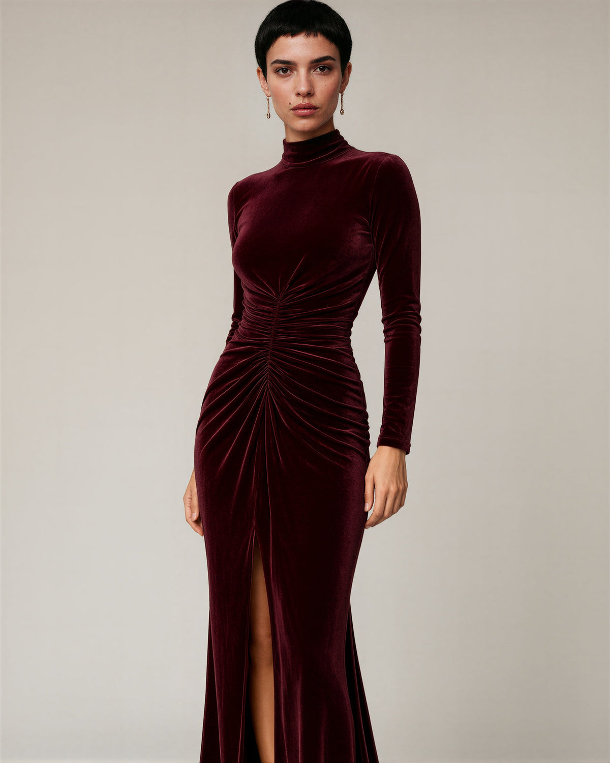 Carmela Ruched Slit Velvet Maxi Dress, burgundy, three quarter view