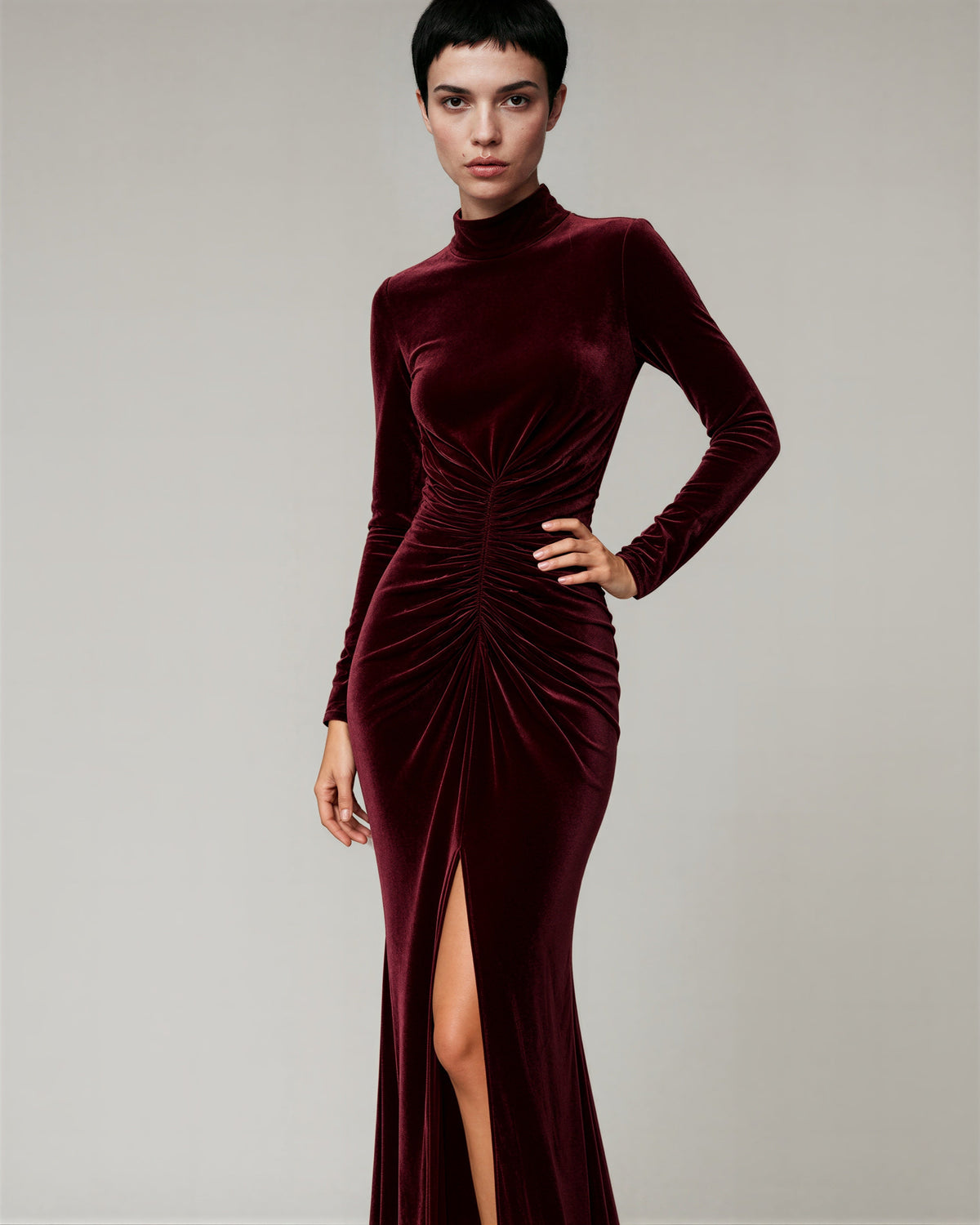 Carmela Ruched Slit Velvet Maxi Dress, burgundy, front, hands on the waist