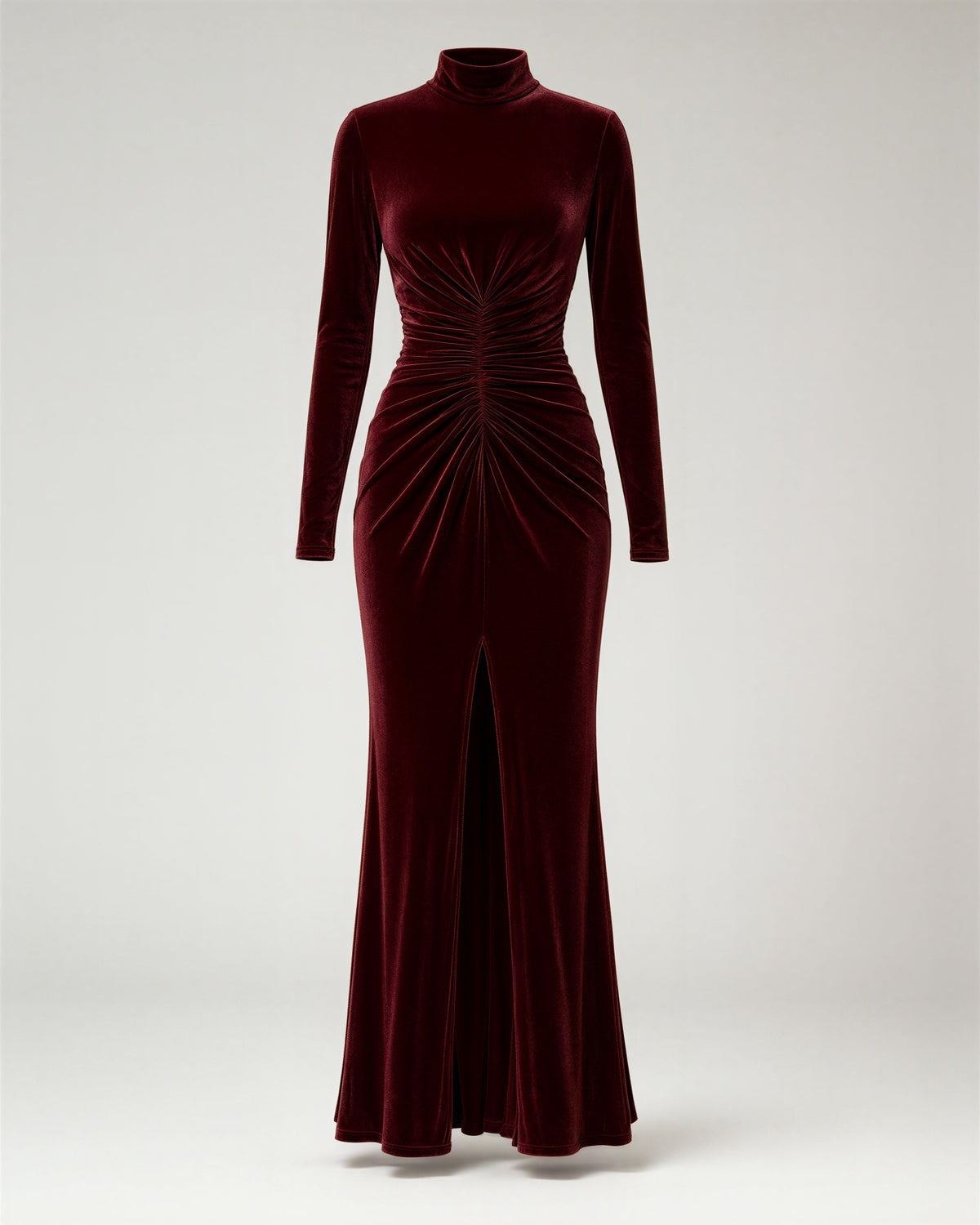 Carmela Ruched Slit Velvet Maxi Dress, burgundy, product view without a model