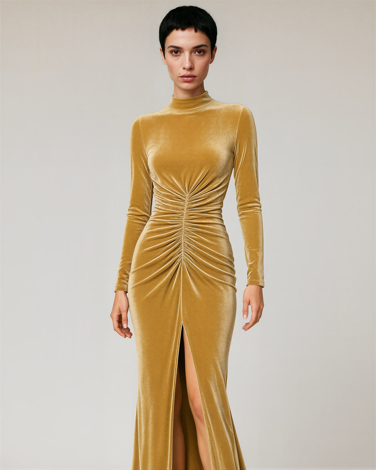 Carmela Ruched Slit Velvet Maxi Dress, mustard color option