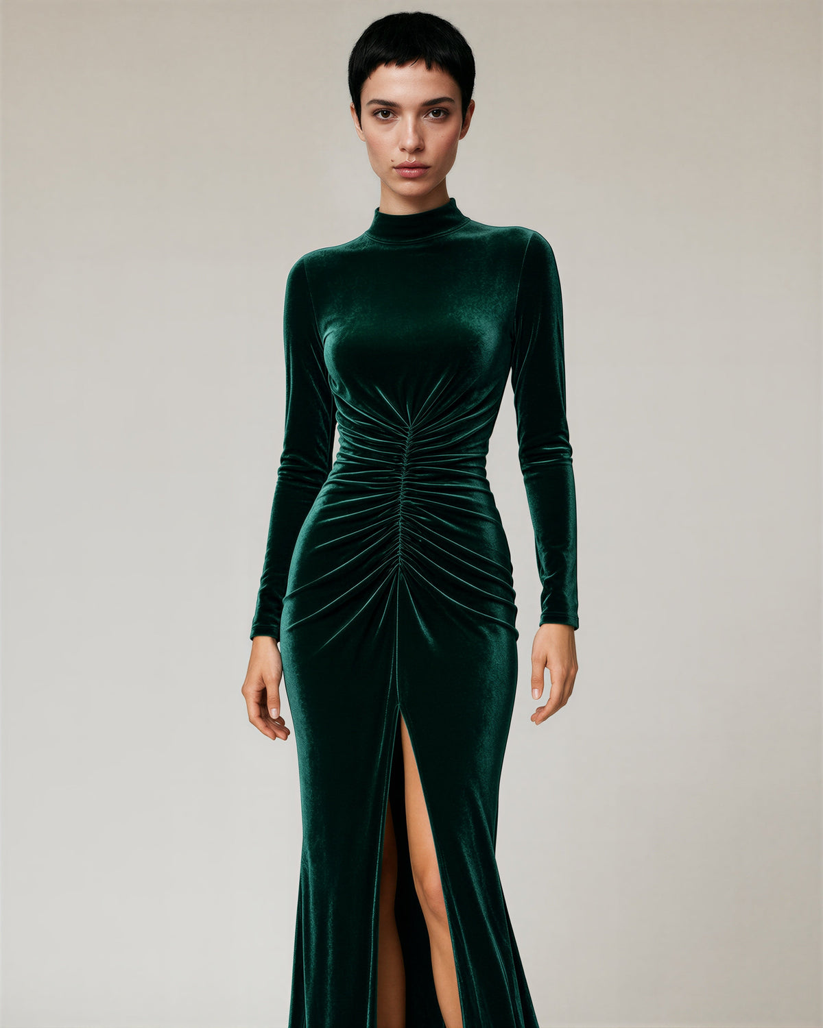 Carmela Ruched Slit Velvet Maxi Dress, dark green color option