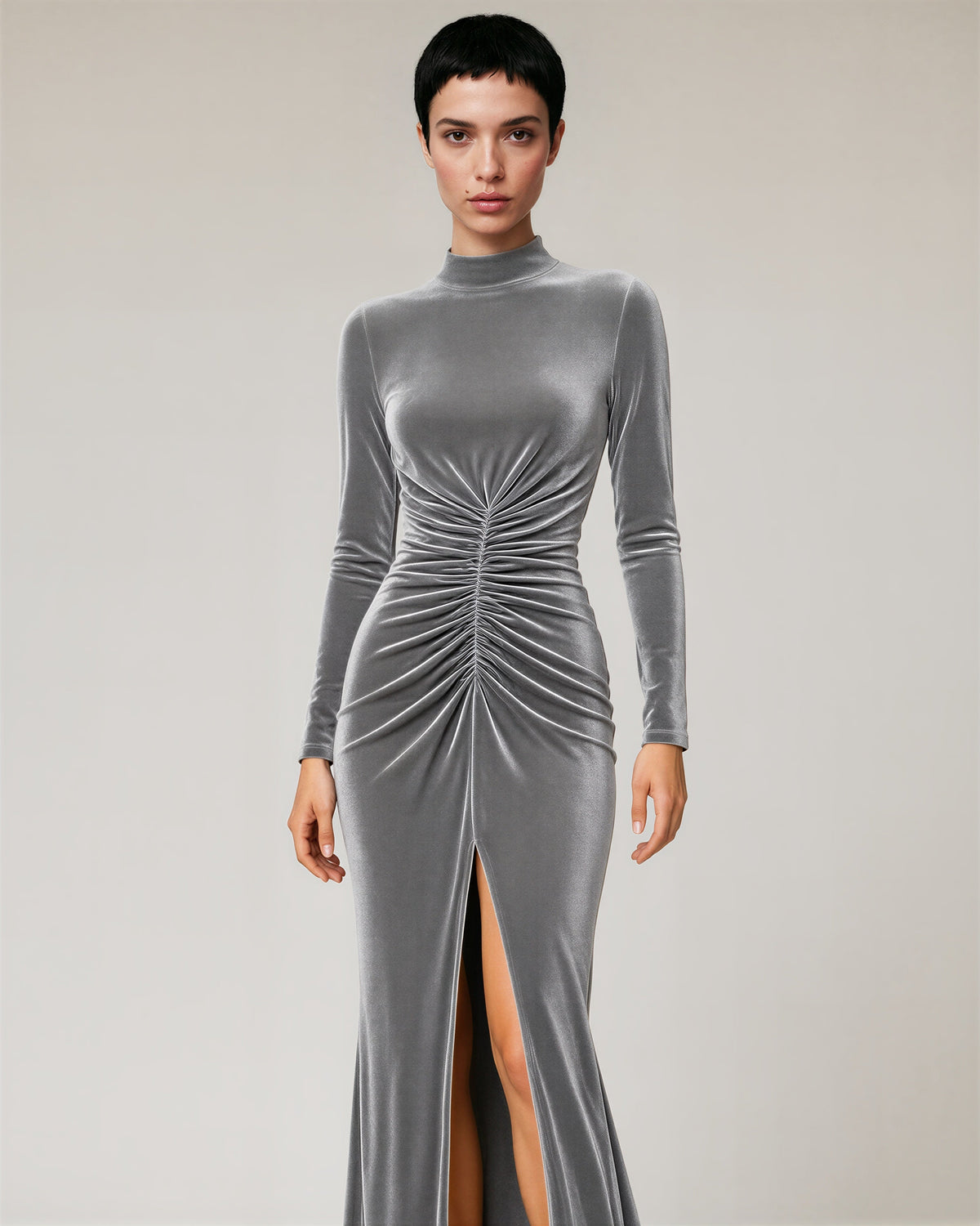 Carmela Ruched Slit Velvet Maxi Dress, grey color option