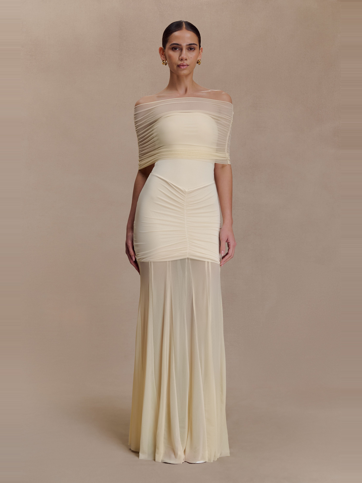 Caspian Off Shoulder Mesh Maxi Dress in Cream — Svelte Chic