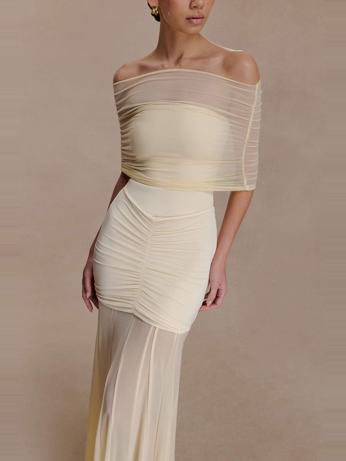 Caspian Off Shoulder Mesh Maxi Dress in Cream — Svelte Chic