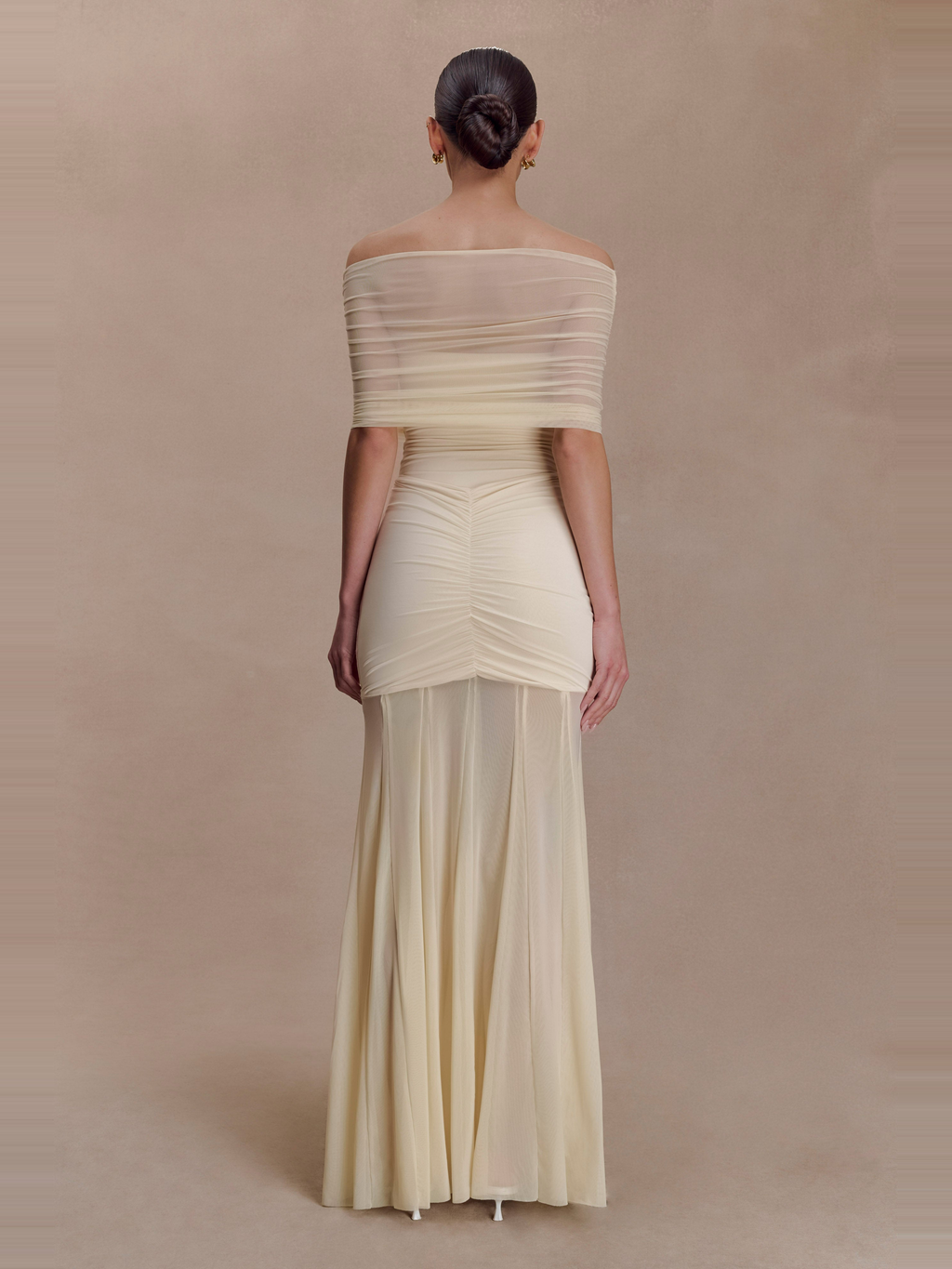 Caspian Off Shoulder Mesh Maxi Dress in Cream — Svelte Chic