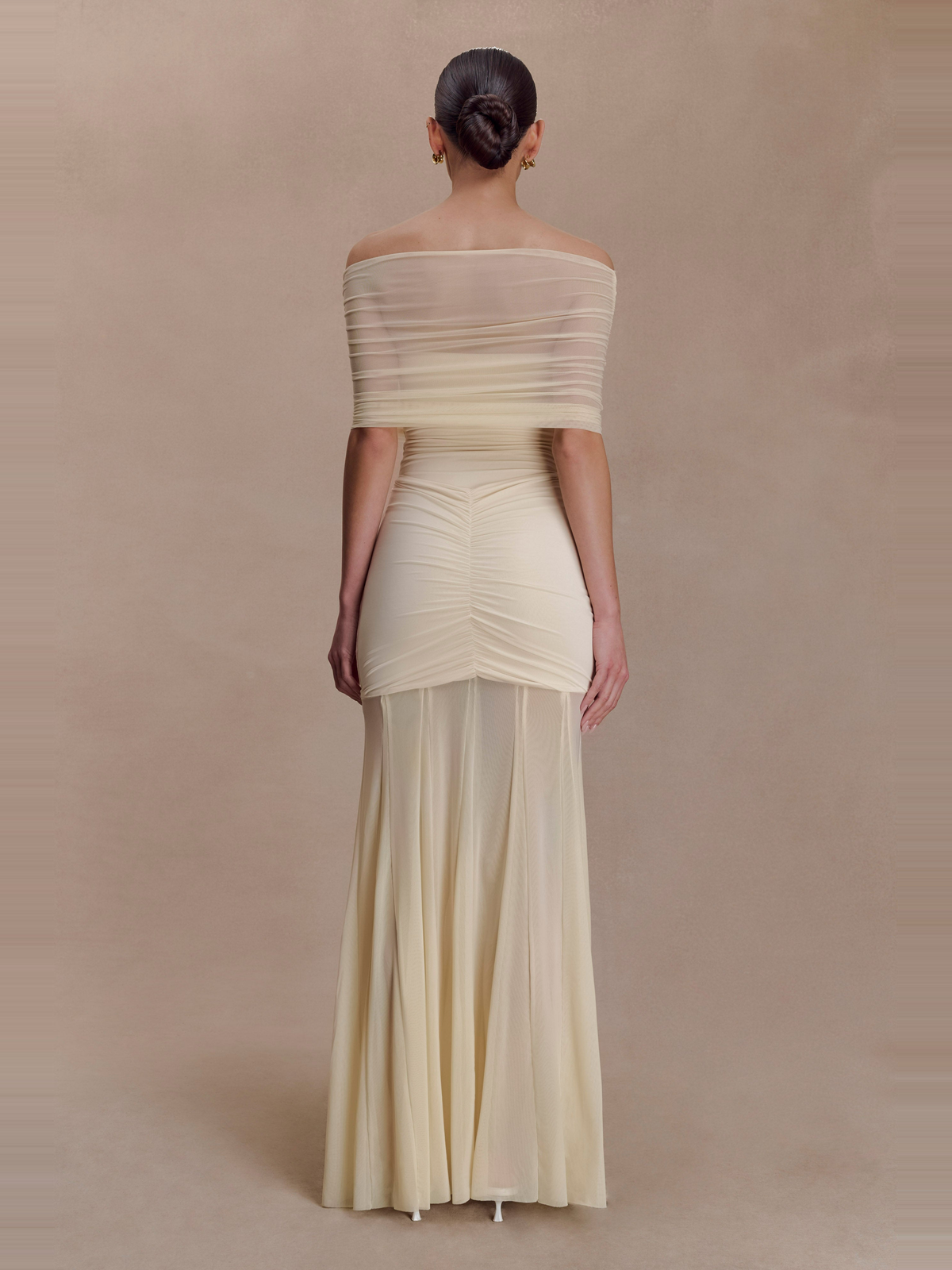 Caspian Off Shoulder Mesh Maxi Dress in Cream — Svelte Chic
