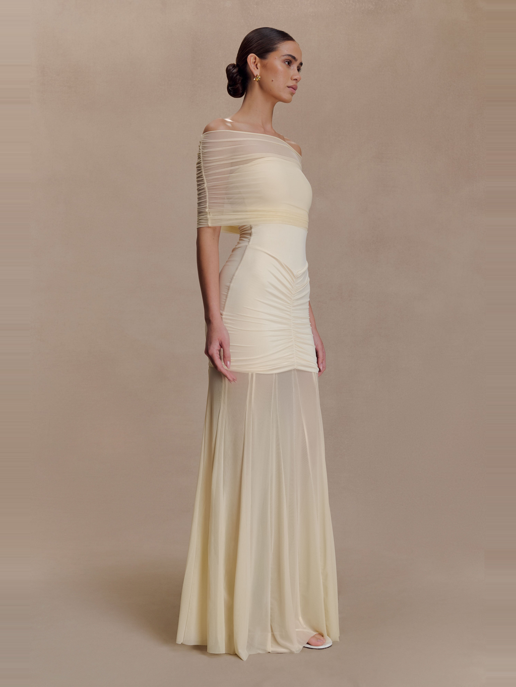 Caspian Off Shoulder Mesh Maxi Dress in Cream — Svelte Chic