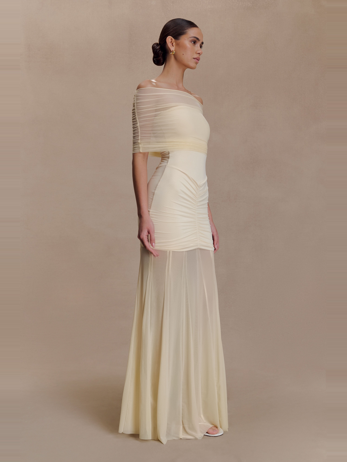 Caspian Off Shoulder Mesh Maxi Dress in Cream — Svelte Chic