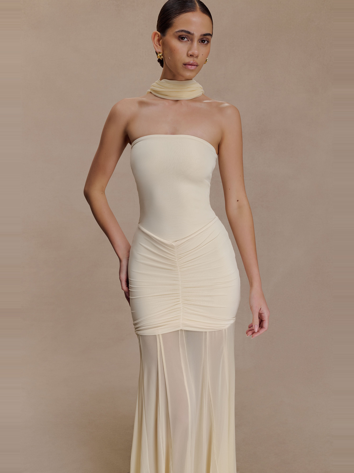 Caspian Off Shoulder Mesh Maxi Dress in Cream — Svelte Chic