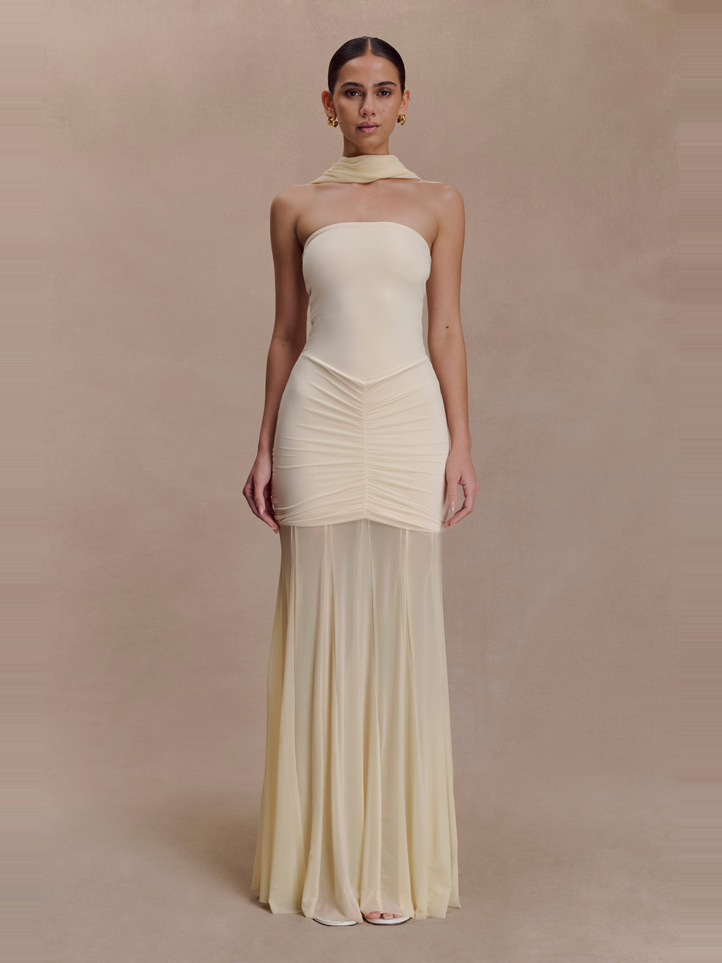 Caspian Off Shoulder Mesh Maxi Dress in Cream — Svelte Chic