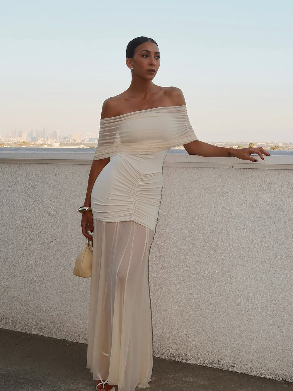 Caspian Off Shoulder Mesh Maxi Dress in Cream — Svelte Chic