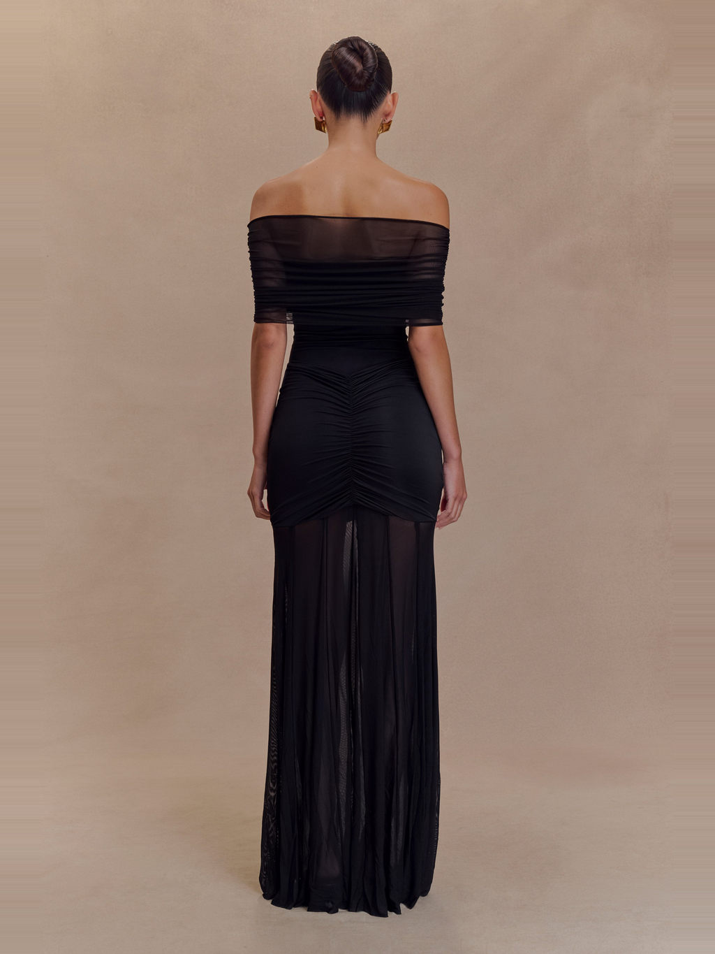 Caspian Off Shoulder Mesh Maxi Dress in Black — Svelte Chic