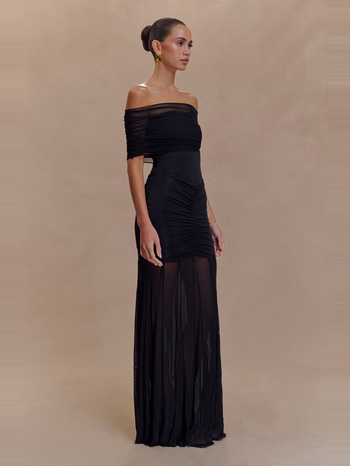 Caspian Off Shoulder Mesh Maxi Dress in Black — Svelte Chic