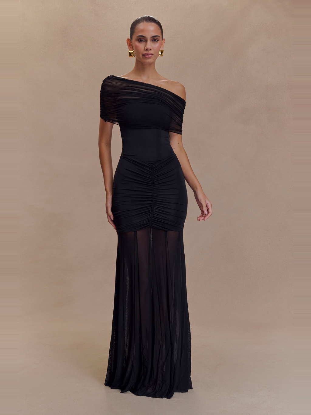 Caspian Off Shoulder Mesh Maxi Dress in Black — Svelte Chic