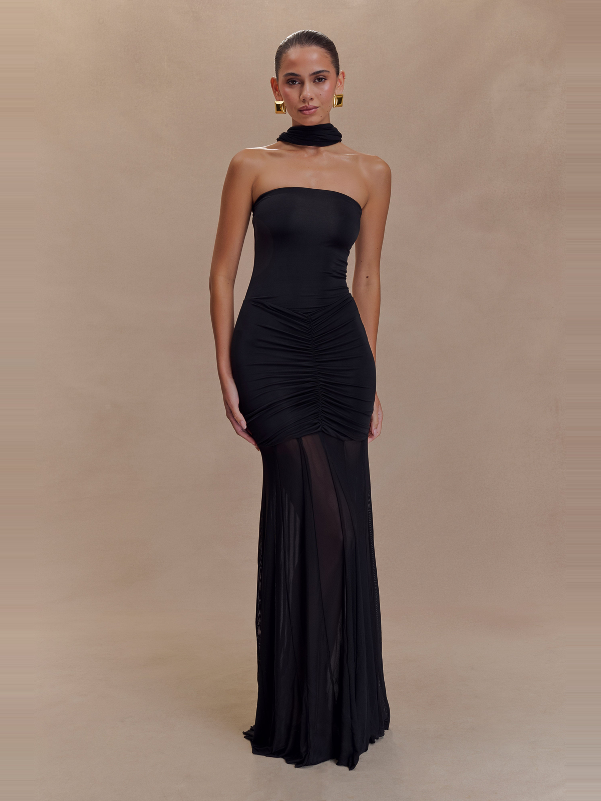 Caspian Off Shoulder Mesh Maxi Dress in Black — Svelte Chic