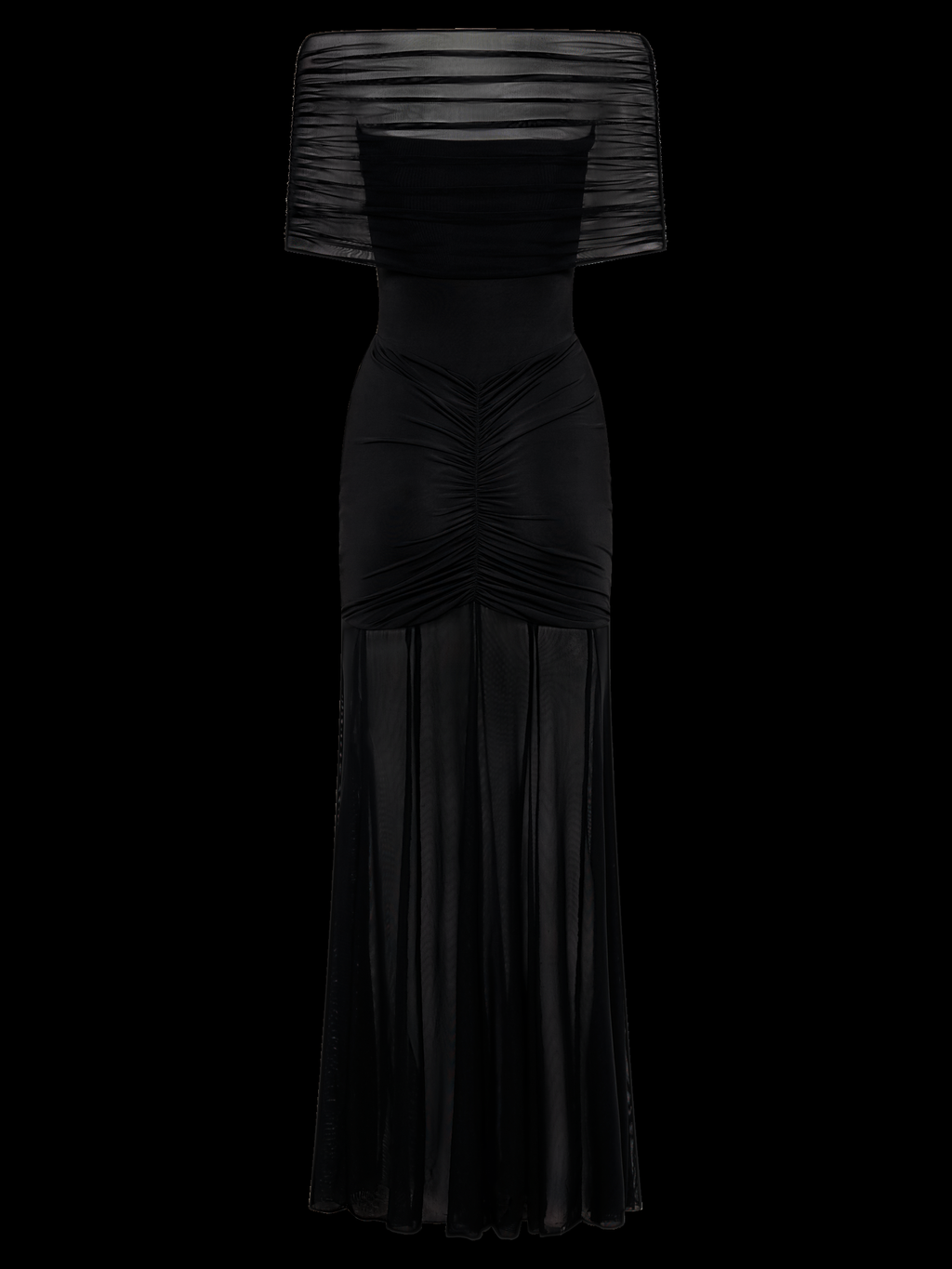 Caspian Off Shoulder Mesh Maxi Dress in Black — Svelte Chic
