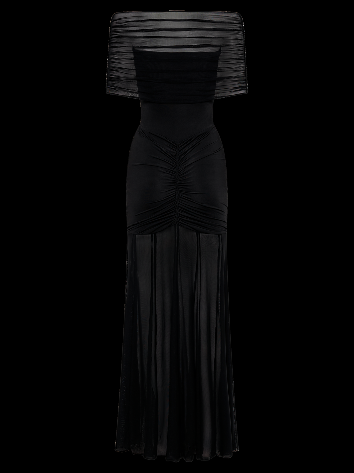 Caspian Off Shoulder Mesh Maxi Dress in Black — Svelte Chic