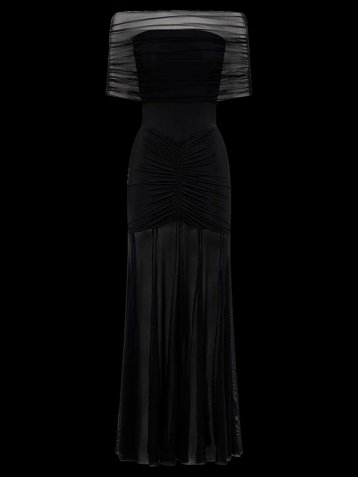 Caspian Off Shoulder Mesh Maxi Dress in Black — Svelte Chic