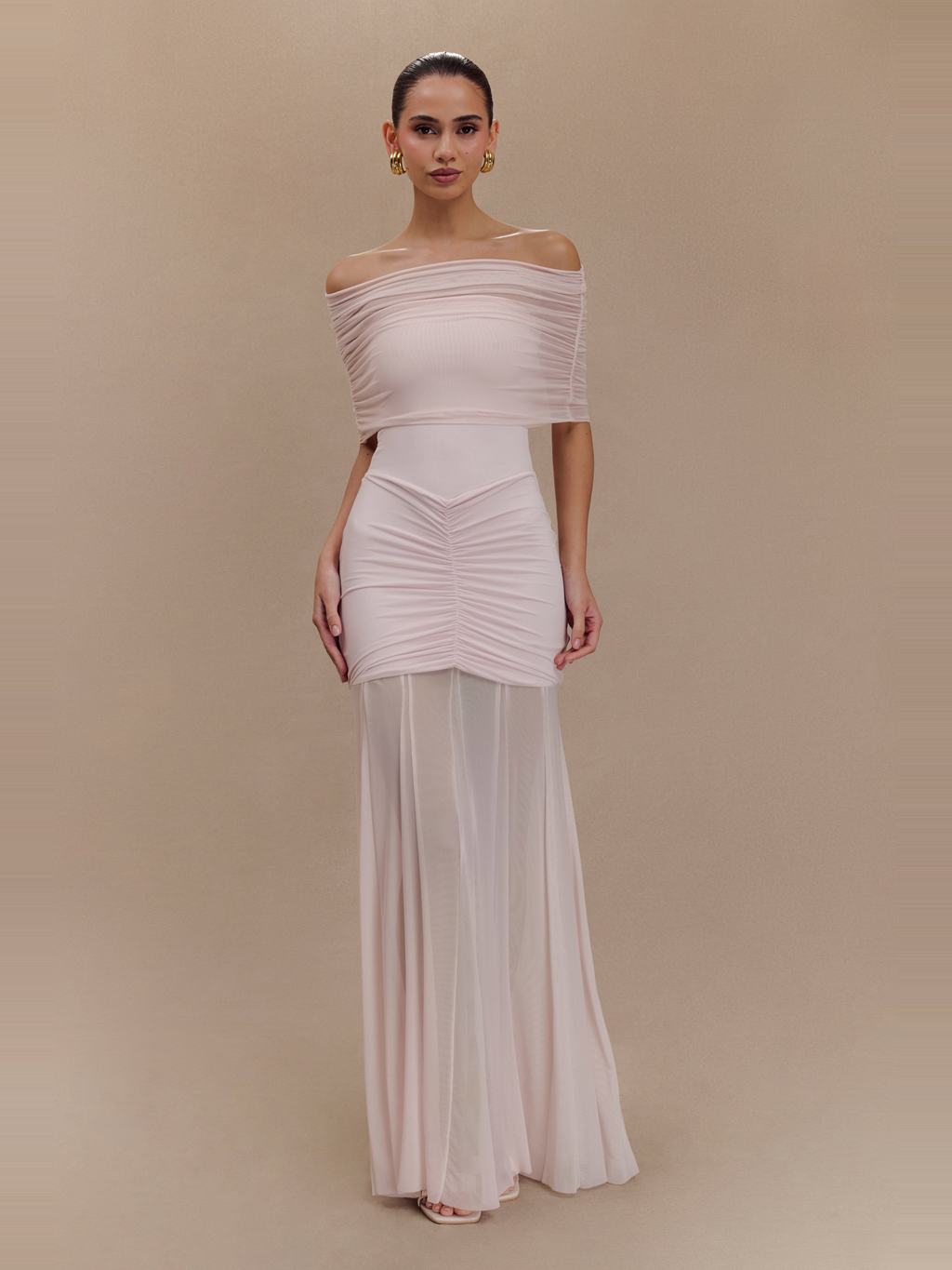 Caspian Off Shoulder Mesh Maxi Dress in Pale Pink — Svelte Chic